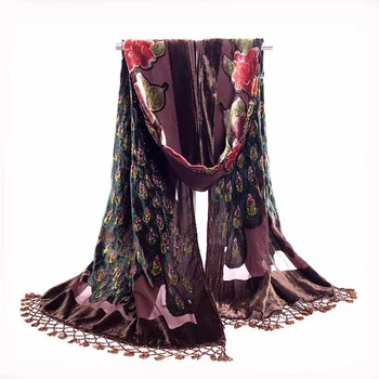 Pañuelos de seda del Bordado Mantón de la Bufanda de la Envoltura de Largo Fringle Pashmina Robó Vintage pavo real Terciopelo bordado bufandas
