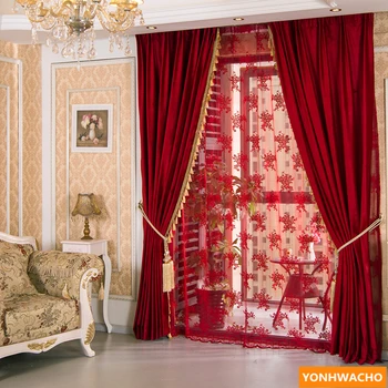 Personalizado cortinas Sencillas, modernas y festivo de la boda de la sala de sólidos de terciopelo rojo de tela gruesa apagón cortina de tul cortinas N925