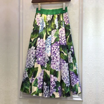 Personalizado de diseño de Moda de la Falda de las Mujeres de 2017 Hortensia Flora Imprimir Cintura Elástica Damas Plisado de la mitad de la Pantorrilla de Una Línea de Faldas Saia