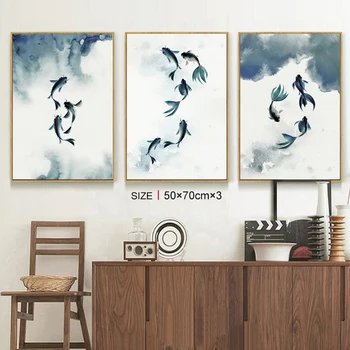 Pescado azul Tinta China afiches impresiones de pinturas en lienzo de arte de la pared para la sala de estar decoración para el dormitorio cuarto de baño estética de las Ilustraciones