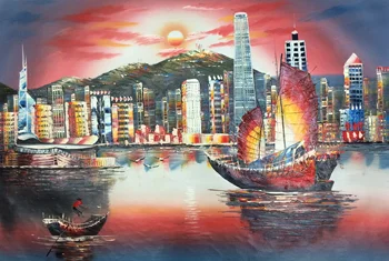 Pintado a mano Aceite de la Pintura en tela, en Blanco y Negro de Victoria de Hong Kong harbour view Pintura de la Pared de Imágenes prediseñadas para la Sala de estar