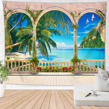 Playa del mar del tapiz del árbol de la palma de la pared que cuelga de la alfombra de flores de la playa de arena de la pared de la manta de la decoración del hogar