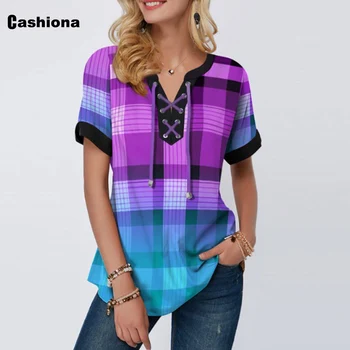 Plus tamaño 4xl 5xl las Mujeres de Nueva Bohemia Plaid camiseta del Cordón de la Impresión 3D de las Mujeres de la parte Superior de la Vendimia 2020 Verano Suelto Camisetas camiseta Femme