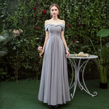 Polvo azul, gris, vestido de dama de nueva gasa de 6 de estilo ALine cuello V manga de invitados de la boda vestidos de adultos robe de soirée de mariage