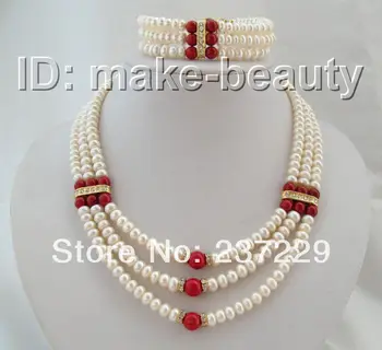 Precio al por mayor 3rows 8mm barroco blanco perlas de coral rojo collar de la pulsera de un conjunto