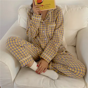 Primavera otoño pijama conjunto de lujo de encaje a cuadros ropa de dormir de las mujeres de la casa de ropa de 2 piezas de conjunto solo pecho de la blusa pantalones de pijamas Y202