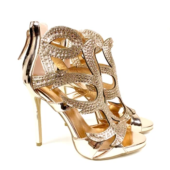 Primavera Verano Zapatos de Mujer Peep Toe zapatos de Tacón Alto Sandalias de diamantes de imitación de la Decoración de la Tapa de Tacón Estilo Romano Vestido de Fiesta Zapatos Aimirlly