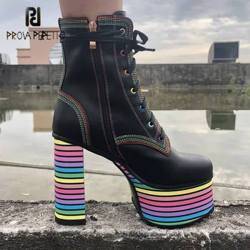 Prova Perfetto Ocio Dulce Mezclado los Colores de Microfibra de las Mujeres de Tacón Alto Botas de Puntera Redonda Cruz vinculados a la Plataforma de Dama Casual Zapatos de 2020