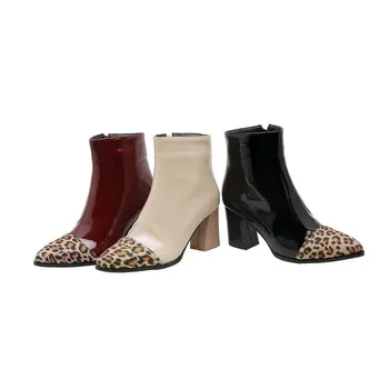 QUTAA 2020 Cuero de Patente Grey Leopard Color Mezclado Casual de Invierno Zapatos de las Mujeres de Moda de la Plaza de Tacón Alto Botas de Tobillo de Tamaño 34-43
