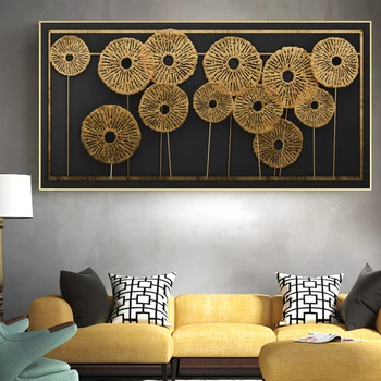 RELIABLI ARTE Oro Negro Flores Imágenes de la Pared Para la Sala de estar Moderna, Carteles y Grabados, Pintura Decorativa Pintura en tela