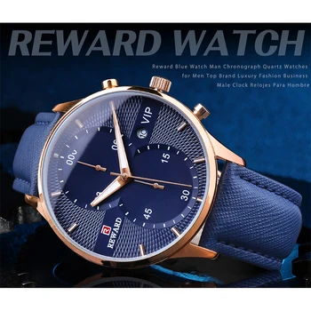 Reloj de cuarzo para los Hombres Superiores de la Marca de Lujo de RECOMPENSA VIP Azul Dial de los Hombres reloj de Pulsera de Reloj de Negocio Impermeable Cronógrafo Reloj de Cuero