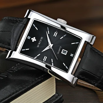 Reloj hombre Reloj Cuadrado Hombres WWOOR parte Superior de la Marca de Lujo de Cuero Negro Quarzt Caja de Reloj de los Hombres del Deporte de la prenda Impermeable del Reloj de Relogio Masculino
