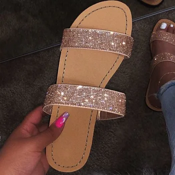 Rhinestone sandalias de las mujeres del verano zapatillas de dedo del pie abierto de gran tamaño sandalia de playa de diapositivas de las mujeres zapatos de verano de la plata del oro