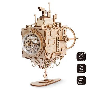 Robotime de BRICOLAJE de Madera de un Reloj de Caja de Música Creativa Robots Conejo Barco de la Casa Decoración de la Mesa de Regalos Para los Niños Novio AM