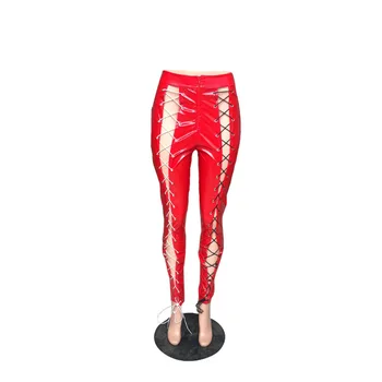 Rojo de la PU de Cuero de Imitación Moto del Motorista Lápiz Legging para Mujer Casual de Alta Cintura de Encaje Hueco Plancha de Ropa de Bodycon del Pantalón Jogger