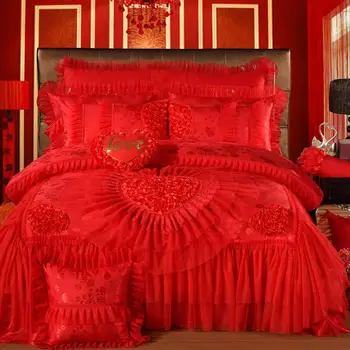Rojo Rosa de Lujo de Novia de Encaje de ropa, Rey y Reina de Tamaño de Cama conjunto de Colcha de la cama de la hoja de conjunto de la Decoración de la cubierta de Edredón juego de cama