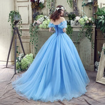 Romántico vestido de Organza Vestido de fiesta Azul Apagado el Hombro Escote en V de la Princesa Cenicienta Cosplay Vestidos de Fiesta Con la Mariposa de 2018