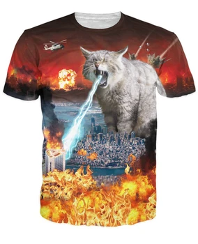 Ropa de moda Catástrofe T-Shirt 3d camiseta de un enorme felino destrucción de la ciudad divertida camiseta de las mujeres de los hombres tops O-cuello de la camiseta
