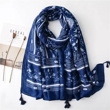 Ropa de mujer de las Mujeres de largo étnico elegante azul de la IMPRESIÓN del Patrón de la Bufanda de la Borla de Viaje Chal Cubrir New Vintage Sjaal Envolver el Hiyab Redecilla
