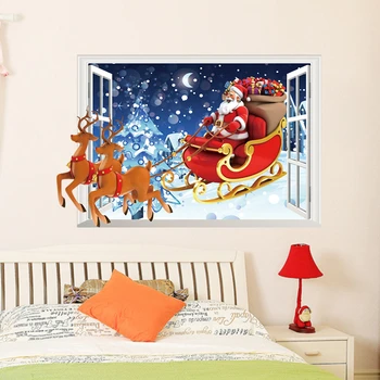 Santa Claus Renos Ventana 3d Pegatinas de Pared Para Tienda de Decoración del Hogar de Navidad Festival de Arte Mural Carteles de la Habitación de los Niños de vinilos