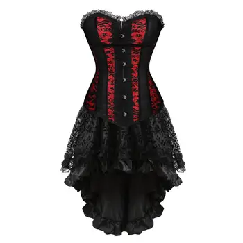 Sapubonva corsés vestido con un conjunto de falda de color rojo y negro corsé bustier de disfraces de halloween de encaje floral corsé más el tamaño de estilo vintage