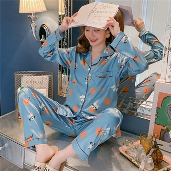 Satén de Seda del Pijama para Mujer Conjunto de pijamas Botón Pigiama de dibujos animados pjs otoño de Mujer ropa de dormir ropa de Dormir de las señoras 2Pcs casa de ropa