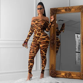 Sexy Barra De Cuello De Leopardo Conjunto De Dos Piezas Pijama + Pantalones De Alta Elasticidad Trotar Femme Noche De Fiesta De Otoño De La Ropa