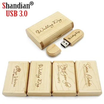 SHANDIAN USB 3.0 usb de Madera + caja Unidad Flash de 4gb 8GB 16gb 32gb 64GB Pendrive Regalos del palillo de la memoria de Disco U 1PCS libre de encargo del logotipo