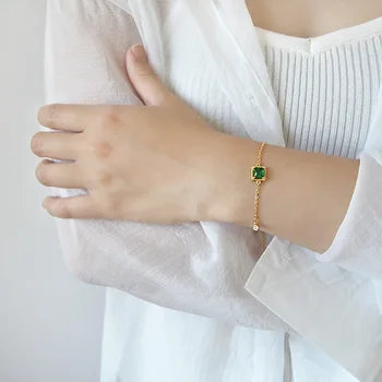 SHANICE las Mujeres de corea S925 plata esterlina de la moda hecha a mano geométrica cuadrado verde cz circón pulsera de cadena femenina