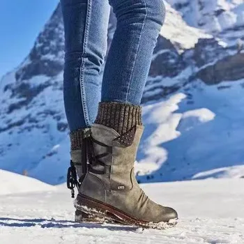 SHENGY Caliente Botas de Gamuza 2019 Otoño Invierno de la Vendimia Plana de Encaje Hasta Zapatos mujer Botas de Nieve Tejido Patchwork Femenina a mitad de la Pantorrilla Botas de