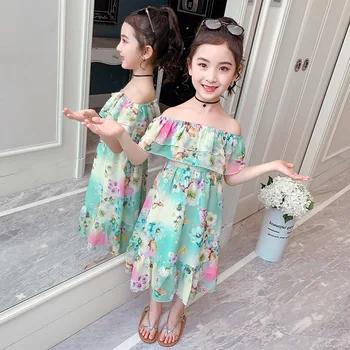Shoulderless De La Flor De Mariposa Impreso Vestido De Las Niñas Para Las Niñas Vestidos De Verano De 2020 Nueva Moda Vestido De Princesa De Niños Vestidos De