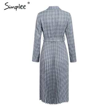 Simplee Una línea de v-cuello de la chaqueta de las mujeres midi vestido Elegante de manga larga botón de la faja de mujer blazer vestido Plisado vestido de las señoras de la oficina