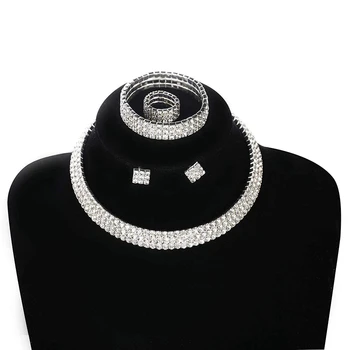 Sistema de la Joyería de diamantes de imitación de las Mujeres de Cristal de la Pulsera Set de Collar y Aretes Ajustable de Conjunto de 4 piezas