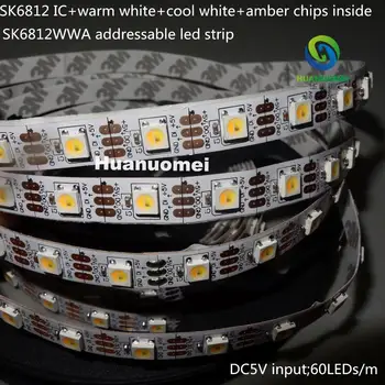 SK6812WWA(SK6812 IC+blanco cálido+blanco fresco+ámbar chips en el interior) led direccionable tira;los 60leds/m, no resistente al agua;5m de largo;de entrada DC5V