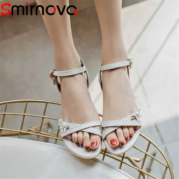 Smirnova negro blanco de la moda de verano, nuevos zapatos de mujer plana con hebilla sandalias de las mujeres de cuero genuino zapatos de tamaño más 33-46