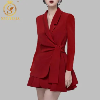 SMTHMA Nueva de Dos piezas de las mujeres en Rojo y Negro de un conjunto de Falda femenina Elegante de otoño invierno de manga Larga de Arco se adapte a