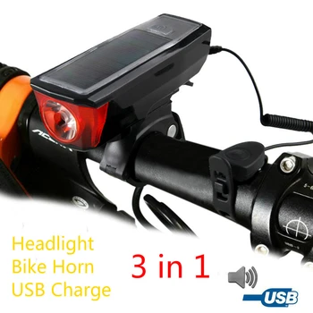 Solar Powered Luces de Bicicleta Recargable USB con el Cuerno del Banco del Poder de Frout de la Bicicleta del Faro Linterna de LED para para el Ciclismo RL19-0018