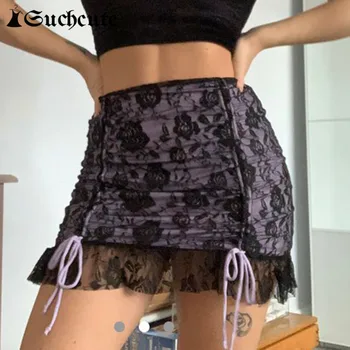 SUCHCUTE Gótico con Pliegues de la Mini Falda Para las Mujeres la Moda Streetwear Y2K Estética Impresión de la Flor de Encaje Hasta los años 90 Trajes de Una Línea de Faldas