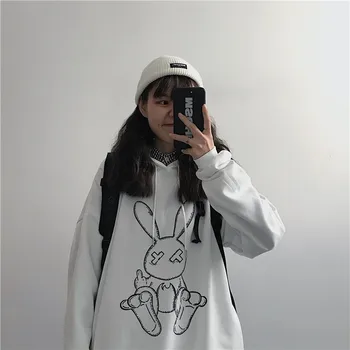 Sudadera Oversize Ropa de Mujer, Tops, Sudaderas Harajuku Cálido Jersey Bolsillo del Abrigo de Conejo de dibujos animados de Impresión de corea de Manga Larga худи
