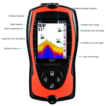 SUERTE FF1108-1CT Portátil Buscador de los Pescados de Profundidad de Sonar Ecosonda buscadores de los Pescados de Alarma Impermeable Localizador de Sonar Peces Pantalla LCD de hielo