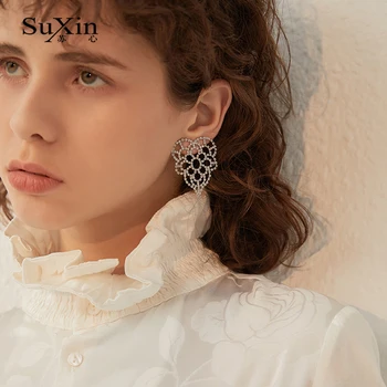 SuXin aretes nuevo sencillo de plata hueco en forma de corazón temperamento aretes para mujer larga de cristal colgante pendientes de la joyería regalos