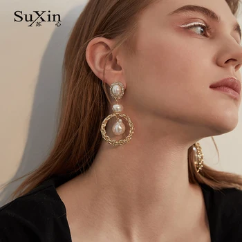 SuXin pendientes 2020 simple nuevo círculo de aretes para las mujeres larga sección artificial colgante de perlas pendientes de la joyería de regalo