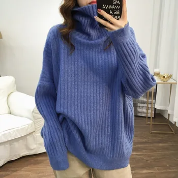 Suéteres Para Mujer Gruesa caliente de cuello alto suéter de las mujeres pierden el otoño y el invierno 2020 nueva jersey color puro perezoso suéter de punto