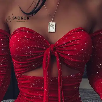 SVOKOR Rojo Brillante Cordón sin Tirantes Vestido de las Mujeres ahueca Vestidos de Verano 2021 Sexy Party Club de la Ropa de las Mujeres Bodycon Mini