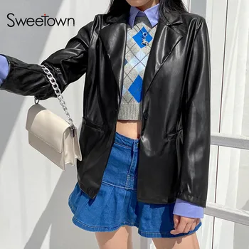 Sweetown Punk de Chicas Negro de Imitación de Cuero Chaquetas de Mujer Collar de Vuelta de los años 90 Gótico Outwear Otoño Vintage Mujer Abrigos Streetwear