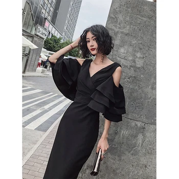 Sólido Directamente a las Mujeres con Vestidos de Fiesta CR352 V-Cuello de Tres Cuartos de Manga Elegante Vestido de fiesta Negro con Pliegues Vestidos De Fiesta 2020