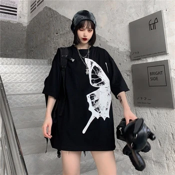 T-shirt de las mujeres de verano de 2020 nuevo pelo oscuro vintage chica mariposa par de manga corta de la mitad de manga la mitad de la longitud Harajuku estilo superior