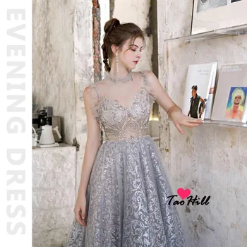 TaoHill 2020 Plata en Una línea de Sexy Vestido de Noche de Alta Cuello de Pedrería y Cristales de la Moda de Vestidos de