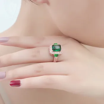 Tono de oro rosa de cristal verde esmeralda piedras preciosas anillos de diamantes para las mujeres de la princesa de lujo de la joyería de bisutería bague regalo size6-10