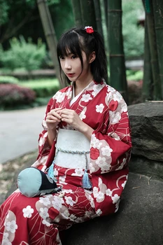 Tradicional Japonés Kimono Floral con cinturón para Mujer de la Yukata de Algodón Vestido de Japón Sexy Actuaciones de Baile Traje de Cosplay A60514